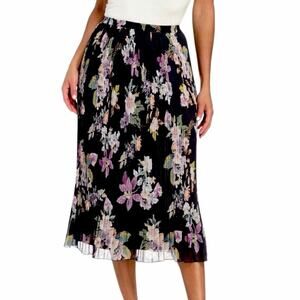 Christopher & Banks A-line Pleated Midi Skirt Gray Pink Floral Women’s Size XL